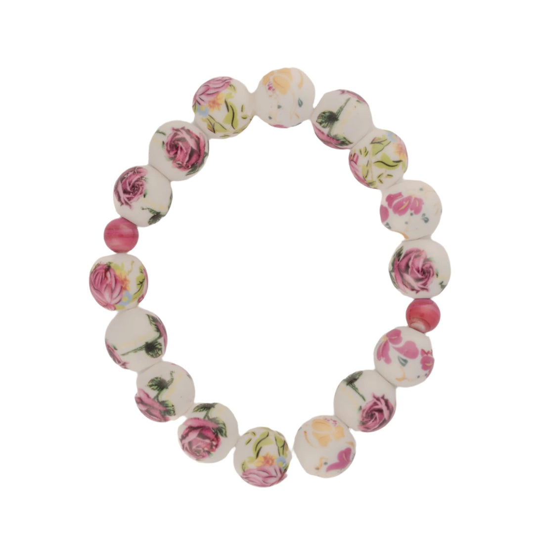 White Ceramic Beads w/ Floral Print Bracelet - DL Jewelry Designs