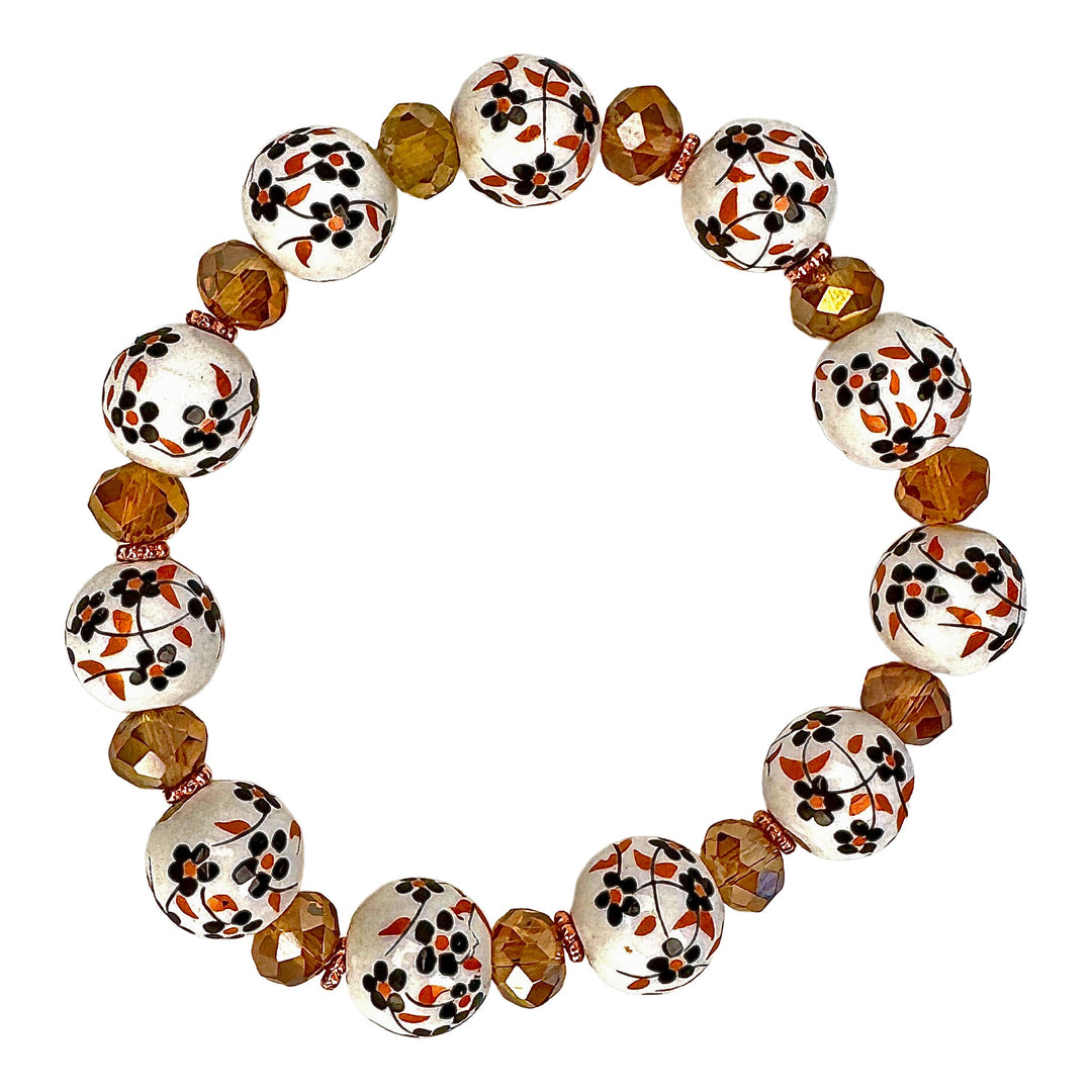 White Floral &amp; Gold-Beige Faceted Stretch Bracelet - DL Jewelry Designs