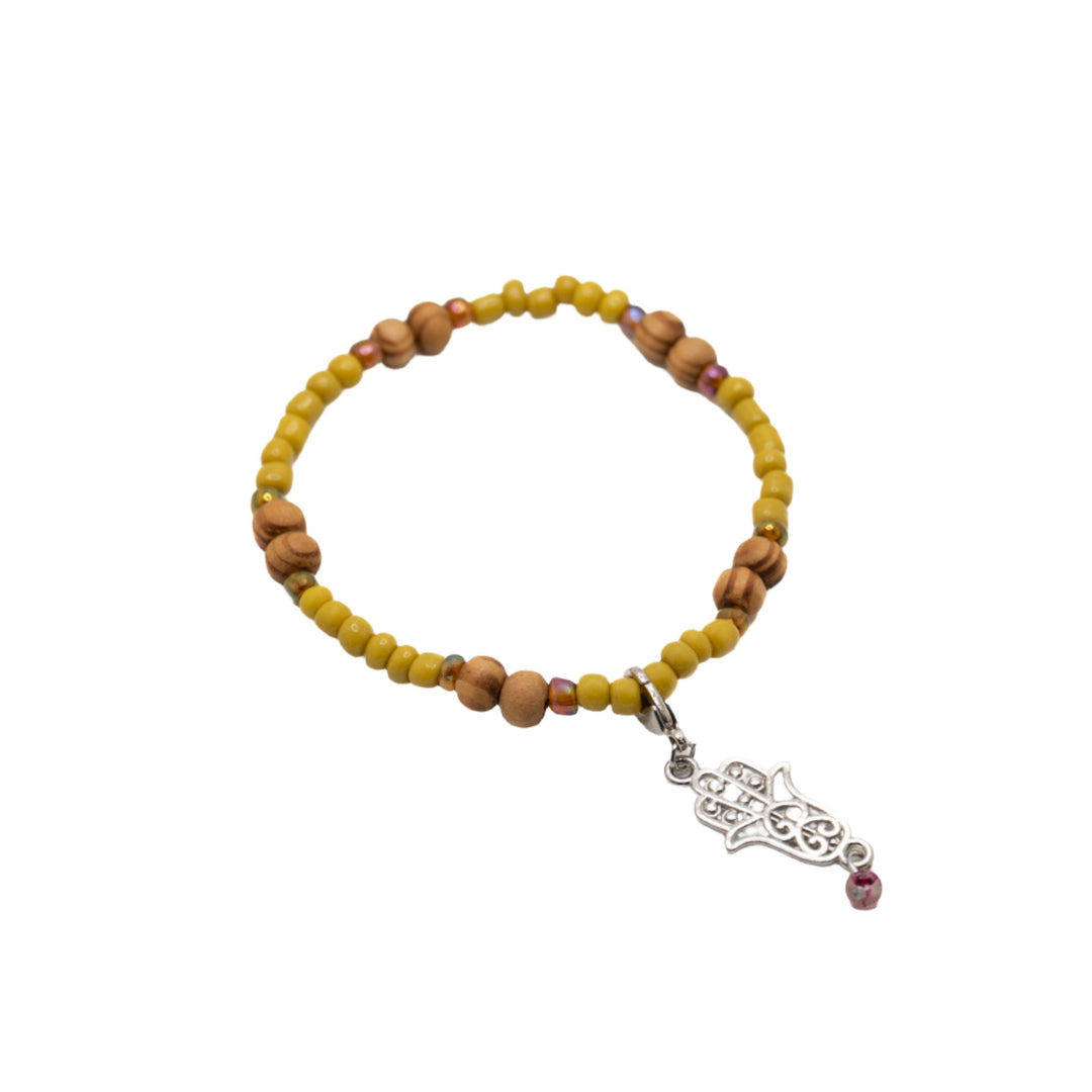 Yellow Glass & Wood Bead Bracelets w/ Hamsa Hand Charm - DL Jewelry Designs