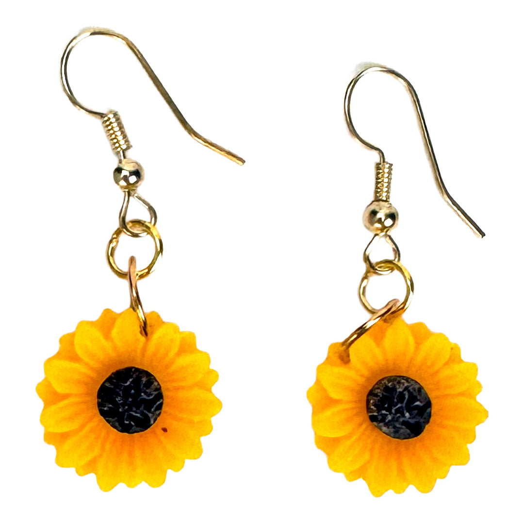 Yellow Sunflower Dangle Earrings w/ Gold-Plated Metal - DL Jewelry Designs
