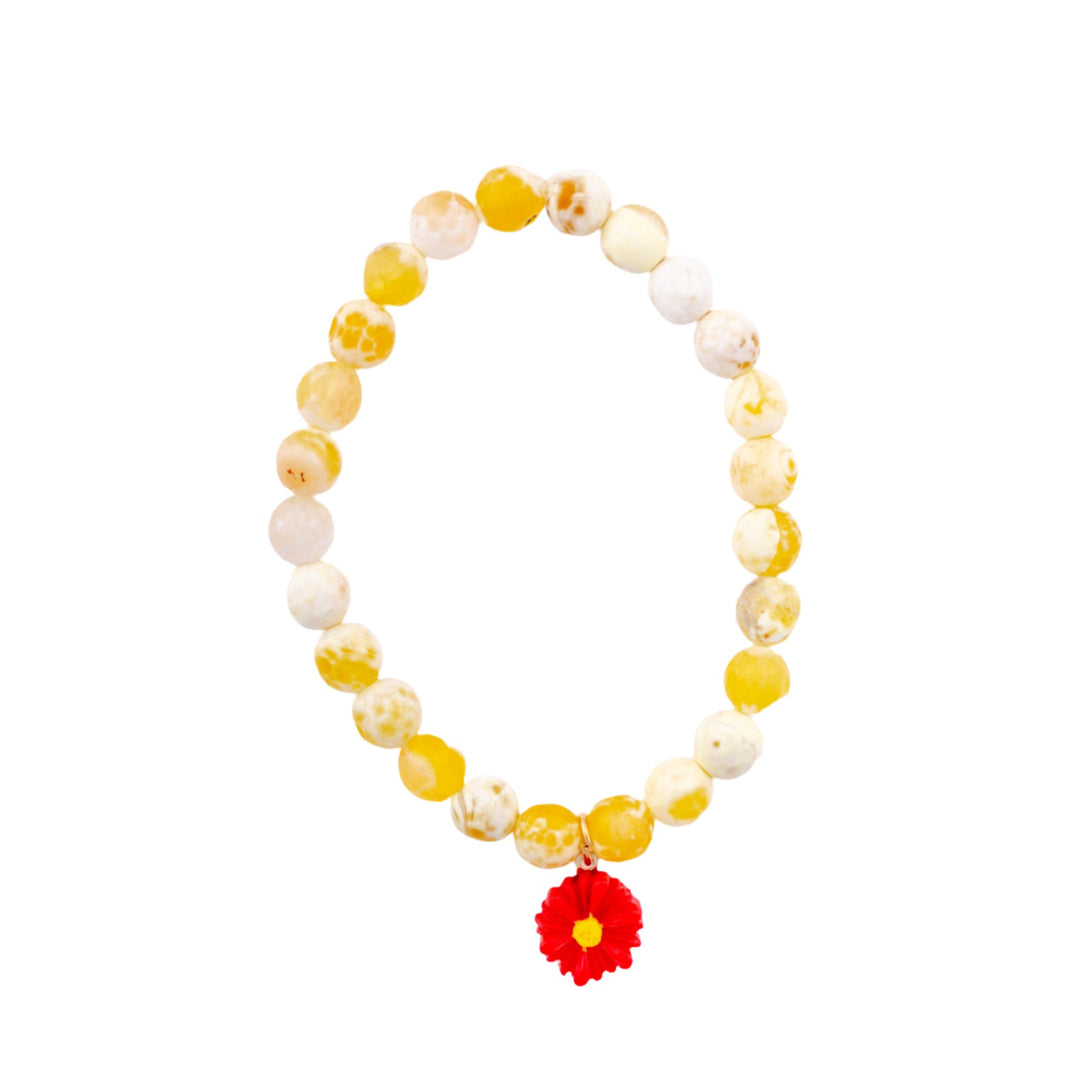 Yellow & White Stone Bead Bracelet w/ Red Flower - DL Jewelry Designs